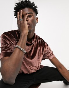 Очень длинная свободная футболка с воротником-стойкой из коричневого велюра ASOS DESIGN-Коричневый