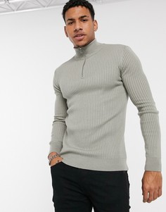 Облегающий вязаный джемпер серого цвета на короткой молнии New Look-Серый