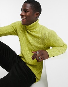 Лаймово-зеленая водолазка из овечьей шерсти с узором косами ASOS DESIGN-Зеленый