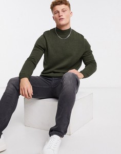 Хлопковый джемпер средней плотности цвета хаки с высоким воротником ASOS DESIGN-Зеленый