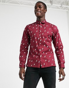 Бордовая рубашка узкого кроя со сплошным принтом молний ASOS DESIGN-Красный