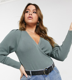 Трикотажное боди цвета хаки с запахом ASOS DESIGN Curve-Зеленый