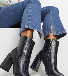 Черные ботинки с квадратным мыском и крокодиловым рисунком Glamorous Wide Fit-Черный