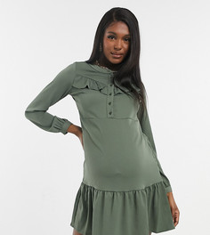 Платье мини цвета хаки с баской по краю Mamalicious Maternity-Зеленый Mama.Licious