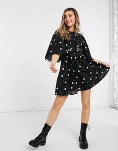Черное приталенное платье мини с кружевной отделкой и вышивкой ASOS DESIGN-Черный