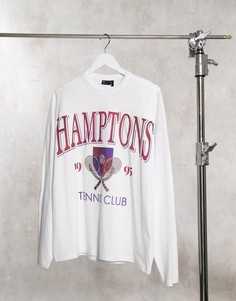 Плотная длинная футболка белого цвета в стиле oversized с длинными рукавами и университетским принтом ASOS DESIGN-Белый