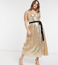 Приталенное платье миди на тонких бретелях с золотистыми пайетками и контрастным бантом Forever U Curve-Золотистый