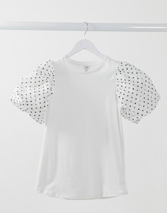 Белая футболка с объемными рукавами в горошек River Island-Белый