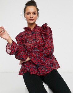 Красная блузка с оборками и звериным принтом New Look-Черный