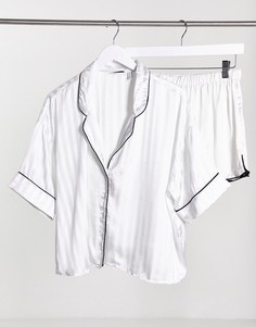 Жаккардовый пижамный комплект из топа и шорт цвета слоновой кости в полоску ASOS DESIGN-Белый