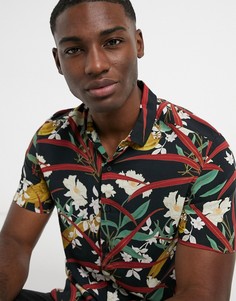Черная рубашка с короткими рукавами и принтом птиц Topman-Многоцветный