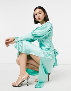 Атласное платье миди мятного цвета с разрезом и объемными рукавами ASOS DESIGN-Зеленый