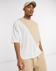 Бежевая oversized-футболка из органического хлопка с рукавами до локтя в стиле колор блок ASOS DESIGN-Бежевый