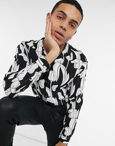 Рубашка классического кроя с отложным воротником и монохромным цветочным принтом ASOS DESIGN-Черный