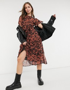 Черное платье миди с присборенным воротом и принтом New Look-Черный