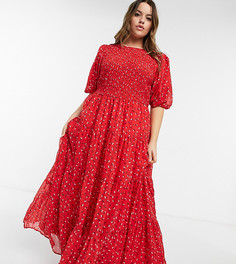 Красное многоярусное платье макси со сборками и мелким принтом ASOS DESIGN Curve-Многоцветный