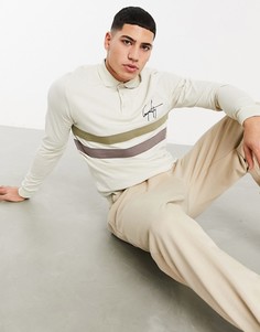 Футболка-поло со вставками, длинными рукавами и вышивкой на груди ASOS DESIGN-Бежевый