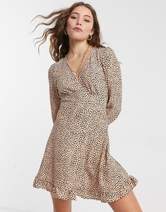 Бежевое платье мини в горошек с длинными рукавами Miss Selfridge-Бежевый