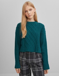 Зеленый джемпер из шенили с узором «косы» Bershka