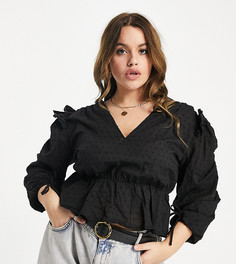 Черная блузка из ткани добби с завязками на манжетах Missguided Plus-Черный
