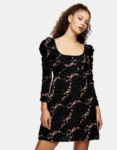 Чайное платье мини со сборками на рукавах и черным цветочным принтом Topshop-Черный