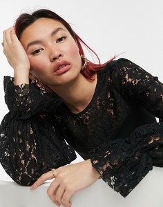 Черная кружевная блузка с пышными рукавами River Island-Черный