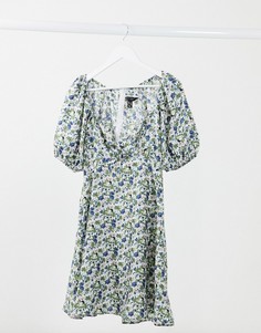 Платье мини в мелкий цветочек с пышными рукавами и завязкой спереди New Look-Черный
