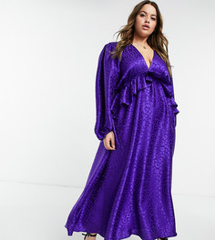 Фиолетовое платье мидакси с декольте, оборками, разрезом по бедру и леопардовым орнаментом John Zack Plus-Многоцветный