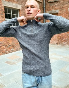 Черно-белый облегающий джемпер в рубчик с воротником на молнии ASOS DESIGN-Серый