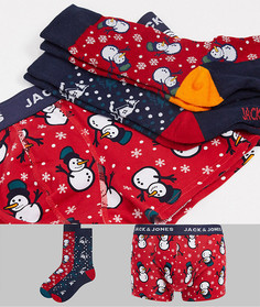 Новогодний подарочный набор с носками и боксерами-брифами с новогодним принтом Jack & Jones Christmas-Красный
