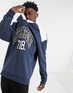 Свитшот в стиле oversized со вставками колор-блок, V-образным вырезом и вышивкой на груди ASOS DESIGN-Темно-синий