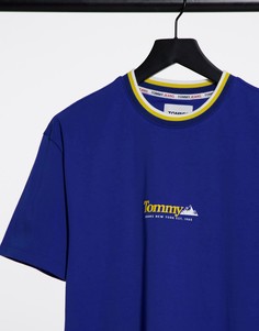 Синяя футболка с воротником в рубчик и контрастным логотипом на груди Tommy Jeans-Голубой