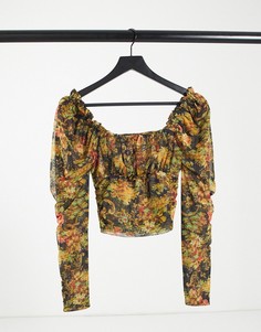 Топ из сетчатой ткани с квадратным присборенным вырезом и принтом «Ренессанс» ASOS DESIGN-Многоцветный