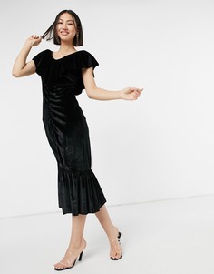 Облегающее платье из бархата черного цвета с оборками Elvi-Черный