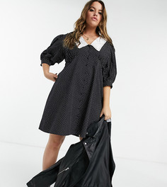 Черное платье мини из хлопка с воротником и принтом в горошек Influence Plus-Черный