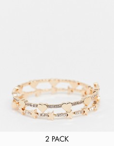 Набор из 2 золотистых браслетов со стразами и украшениями в виде звездочек и сердечек ASOS DESIGN-Золотистый