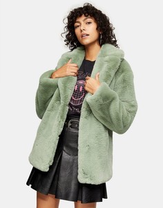 Пальто из искусственного меха в шалфейно-зеленых тонах Topshop-Зеленый