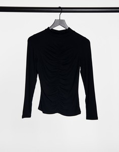 Черный топ с высоким воротом и сборками спереди New Look