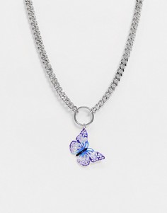 Серебристое ожерелье с подвеской-бабочкой фиолетового цвета ASOS DESIGN-Серебристый