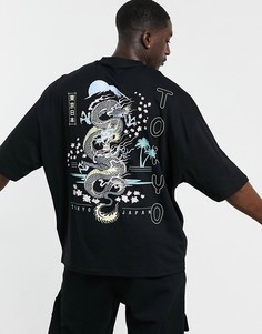 Черная oversized-футболка с принтом дракона и города на спине ASOS DESIGN-Черный
