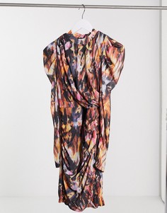 Драпированное платье мини со сборками, пышными рукавами и абстрактным принтом Pieces-Многоцветный