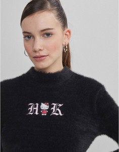 Пушистый укороченный джемпер черного цвета Bershka x Hello Kitty-Черный