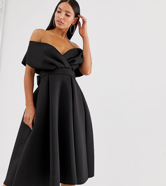 Вечернее платье миди черного цвета со спущенными плечами и поясом ASOS DESIGN-Черный