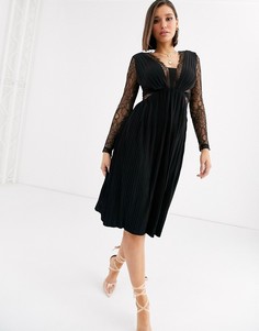 Черное платье миди с длинными рукавами, складками и кружевом ASOS DESIGN-Черный