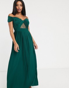 Зеленое плиссированное платье макси с кружевом и открытыми плечами ASOS DESIGN Fuller Bust Premium-Зеленый