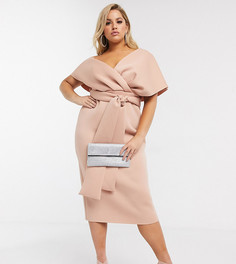 Розовое платье-футляр миди с поясом и спущенным плечом ASOS DESIGN Curve-Бежевый
