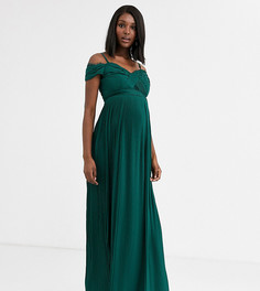 Темно-зеленое платье макси с кружевом, складками и открытыми плечами ASOS DESIGN Maternity-Зеленый