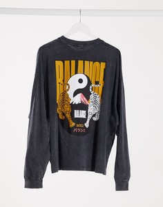 Выбеленный черный oversized-лонгслив с принтом тигра на спине ASOS DESIGN-Серый