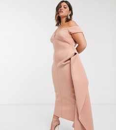 Розовое платье макси с открытыми плечами, глубоким вырезом и складкой сбоку ASOS DESIGN Curve-Розовый
