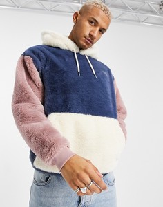 Худи oversized из искусственного меха в стиле колор-блок в цвете синий, розовый, кремовый ASOS DESIGN-Мульти
